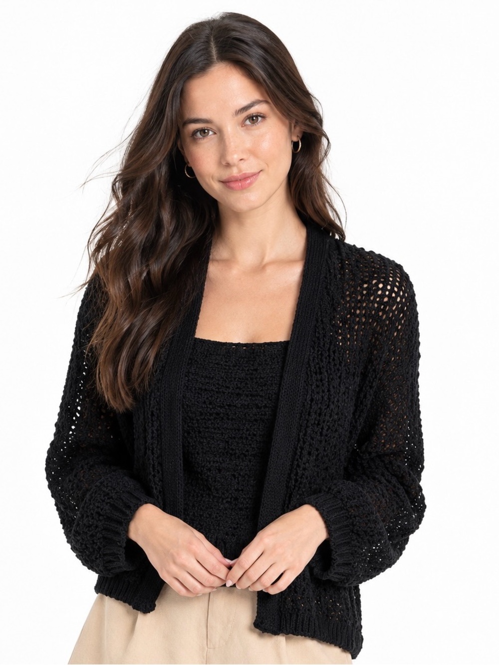 A New Day Women's Long Sleeve Tape Yarn Open Cardigan Black Size L